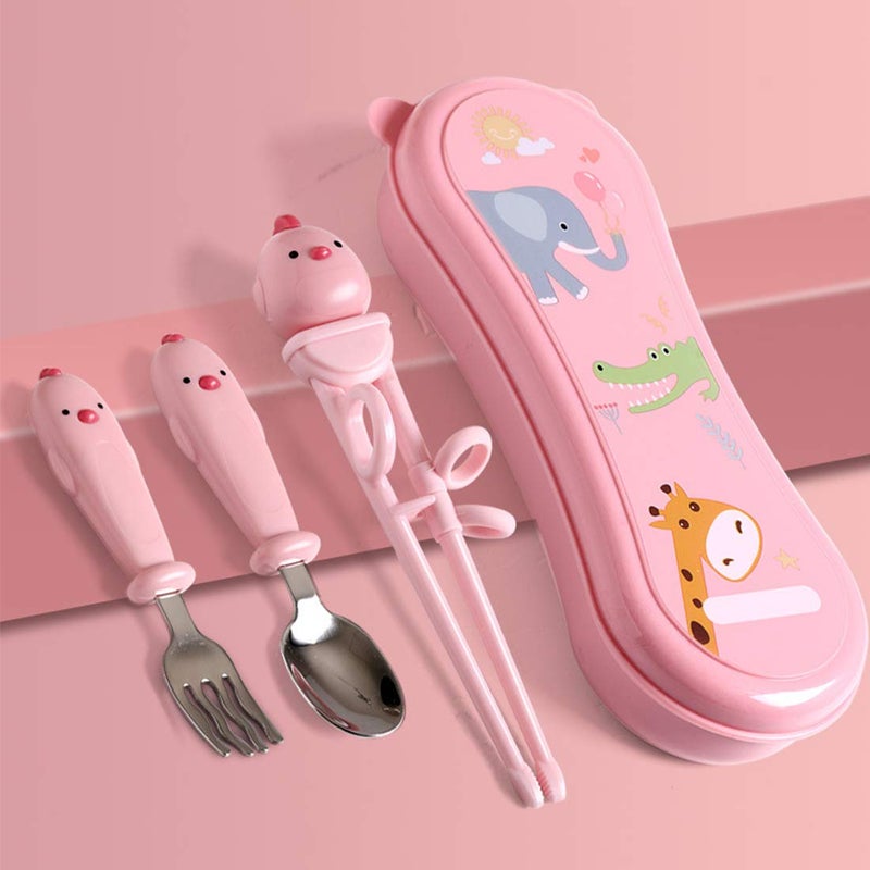 Mannice Training Chopsticks Set for Kids and Beginners,Chopstick Spoon Fork and Case Set,Reusable Learning Chopsticks with Attachable Learning Chopstick Helper - Right Handed Only Stainless Steel Pink - Image 2